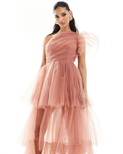 LACE & BEADS Pink One Shoulder Tulle Maxi Dress