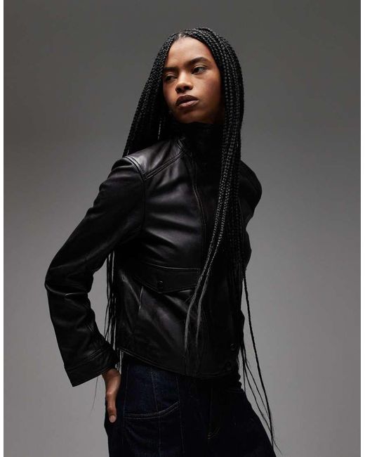 Mango Black Leather Funnel Neck Jacket