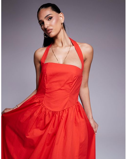 Kaiia Red Exclusive Cotton Rich Poplin Square Neck Halter Maxi Dress