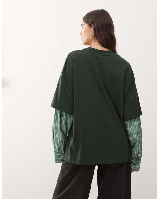 Lioness Green 2 In 1 Oversized T-shirt Overlay And Striped Long Sleeve Shirt In Dark And Stripe
