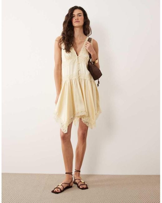 Miss Selfridge Natural Boho Satin Lace Insert Hanky Hem Mini Dress