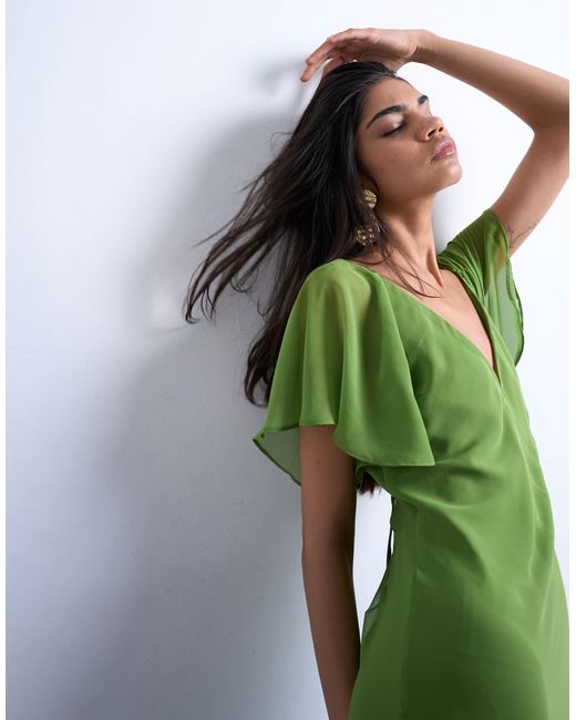 TOPSHOP Green Flutter Sleeve Godet Hem Midi Dress