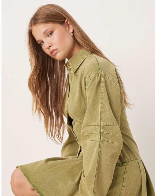 ASOS Natural Cinched Long Sleeve Mini Shirt Dress