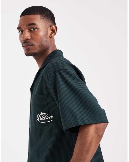 ASOS Blue Boxy Oversized Revere Ribbed Shirt With Pocket Embroidery for men