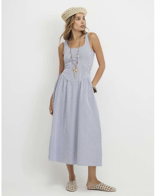 River Island Blue Cotton Blend Textured Stripe Midi Dress