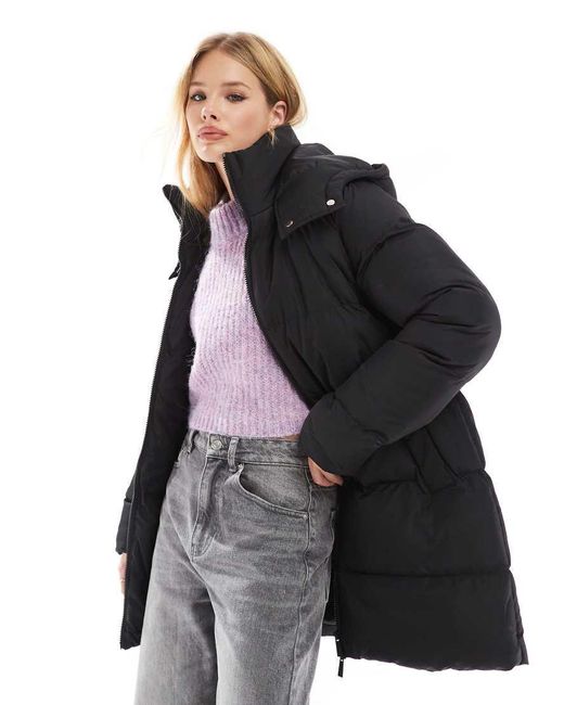Threadbare Black Threaded Mid Length Puffer Coat