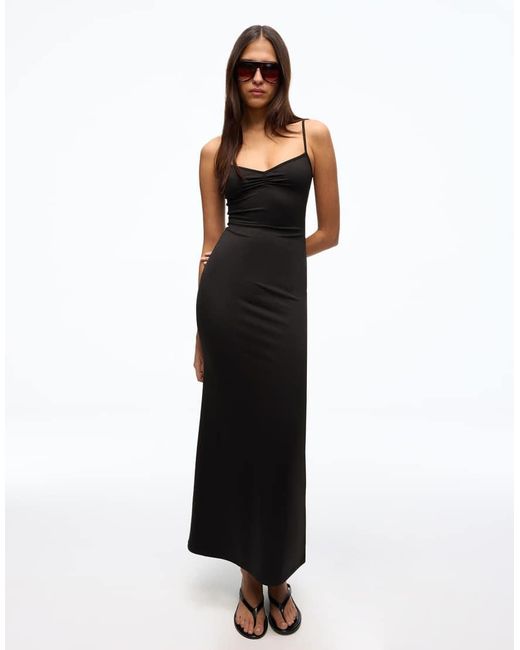 Bershka Black Ruched Strap Midi Dress