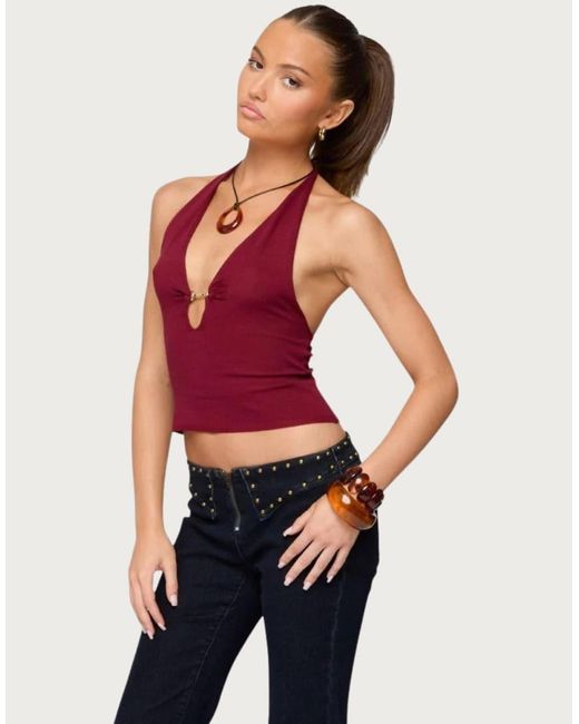 Edikted Red Missie Knitted Plunge Neck Halter Top