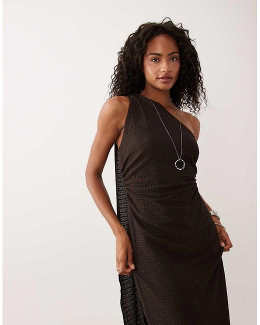ASOS Black On Shoulder Scarf Detail Textured Midi Dress