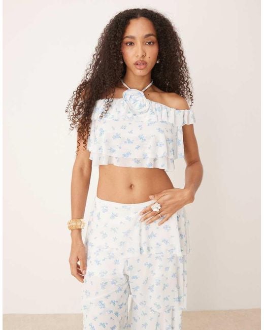 Collective The Label White Corsage Ruffle Bardot Halterneck Crop Top