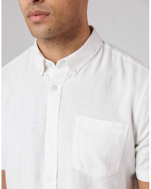 French Connection White Linen Blend Short Sleeve Chest Pocket Shirt for men