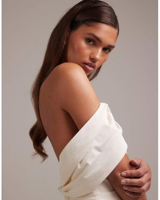 ASOS Brown Taffeta Draped Bardot Tie Back Maxi Wedding Dress