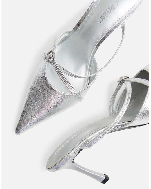 Public Desire White Casanova Cracked Buckle Detail Pointed Toe Mid Heel Mules