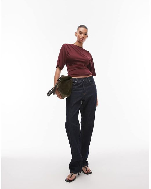 TOPSHOP Jersey Top Met Aangetrokken Zijkanten En Korte Mouwen in het Red