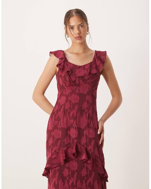 ANAYA Red Floral Burnout Ruffle Maxi Dress