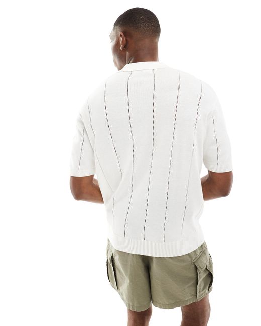 Bershka White Textured Knitted Polo Shirt for men