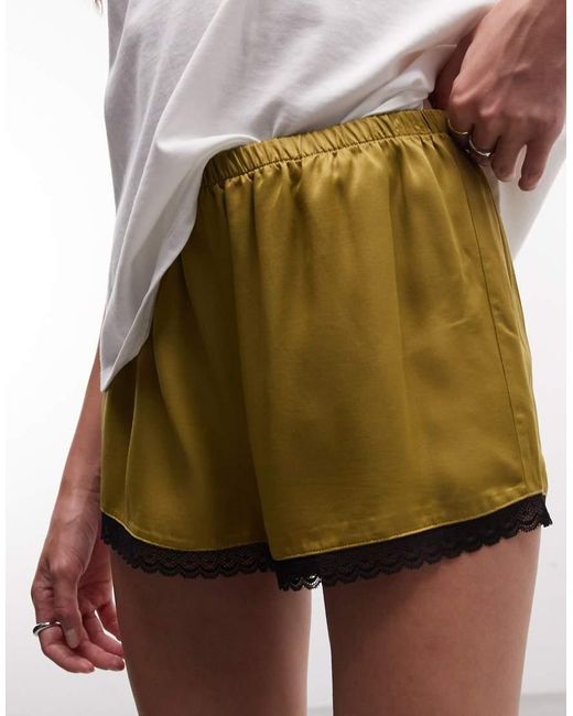 Reclaimed Vintage Green Satin Boxer Shorts With Lace Trim