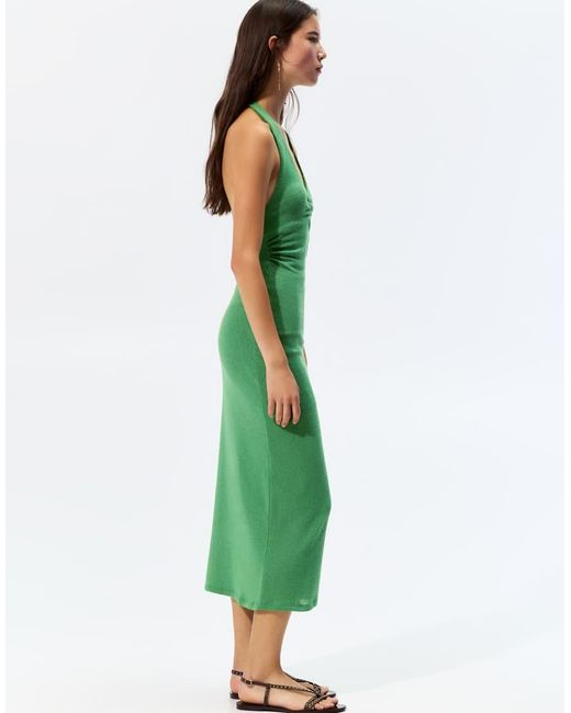 Pull&Bear Gebreide Midi-Jurk Met Halternek in het Green
