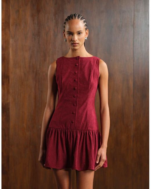 ASOS Red Cord Slash Neck Button Down Dropped Waist Mini Dress