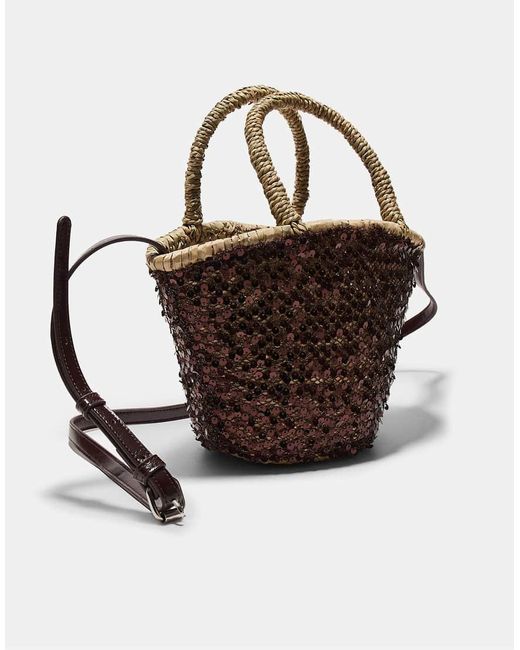 Stradivarius Brown Mini Sequinned Basket Bag