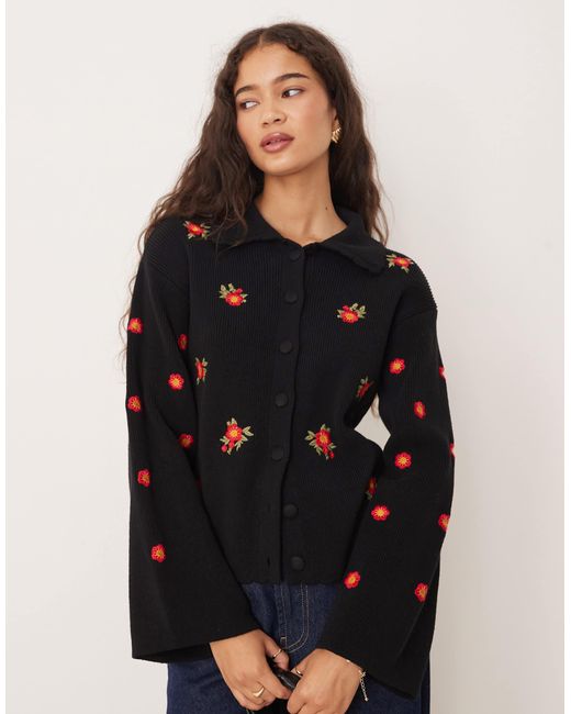 Nobody's Child Black Embroidered Button Up Cardigan With Scallop Collar