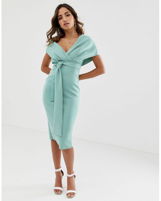 asos fallen shoulder midi pencil dress