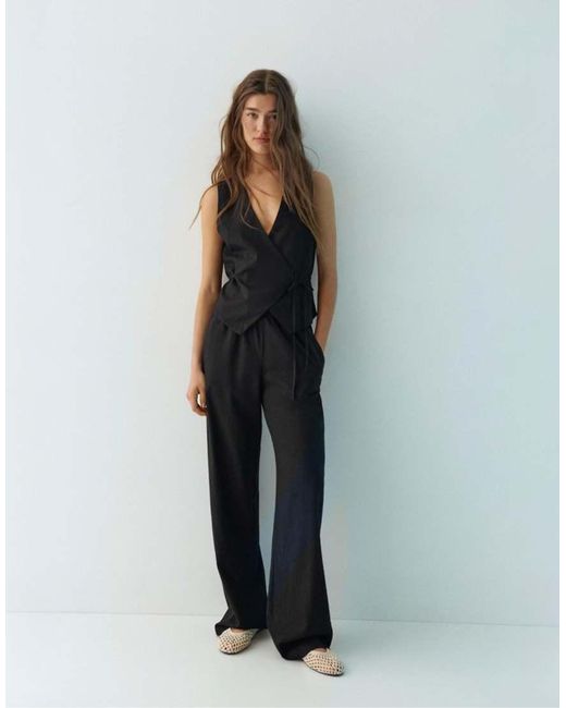 Pull&Bear Black Linen Blend Vest With Side Tie Fastening