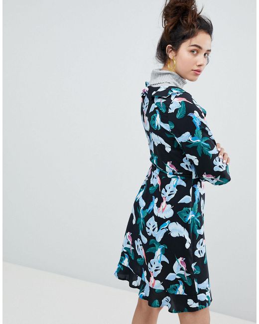 bird print wrap dress