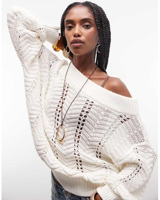 ASOS White Slouchy Off The Shoulder Crochet Sweater