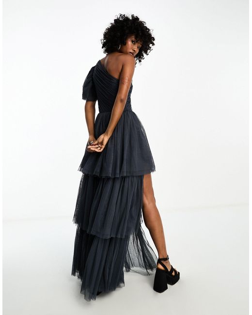 LACE & BEADS Black One Shoulder Maxi Dress With Tiered Hem