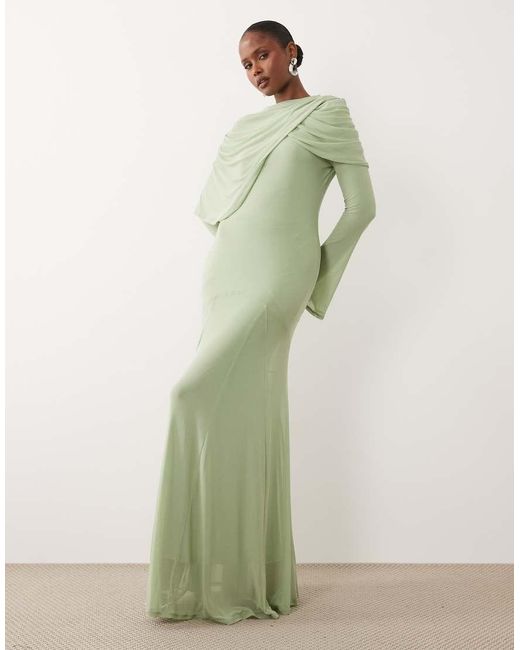 ASOS Green Modesty Mesh Maxi Dress With Overlay Draped Neckline Detail