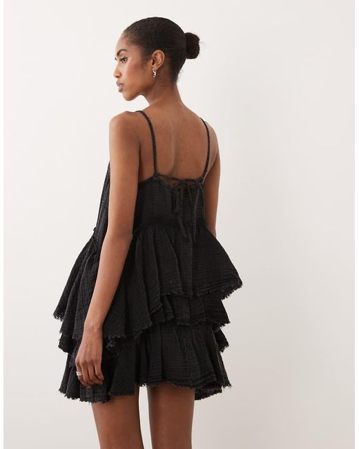 ASOS Black Double Cloth Washed Mini Sundress With Distressed Ruffles