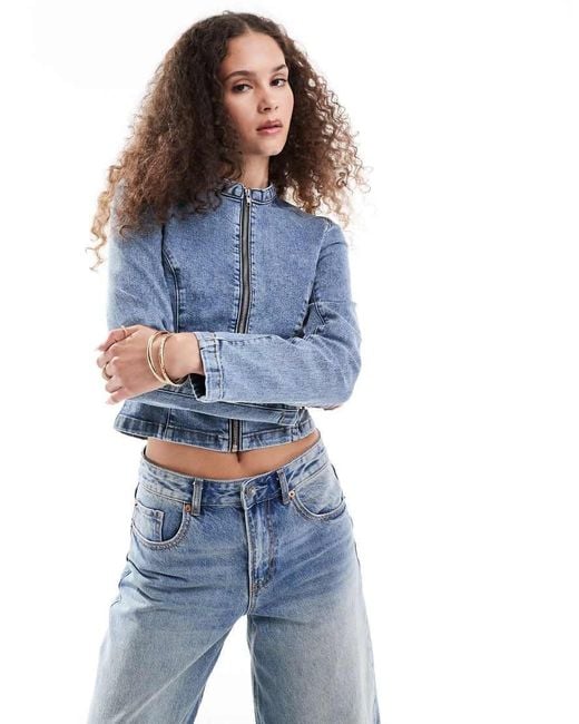 Monki Blue Fitted Zip Front Denim Jacket