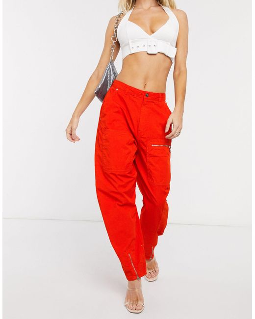 Pepe Jeans Red Dua Lipa X High Rise Cargo Pant With Utility Pockets