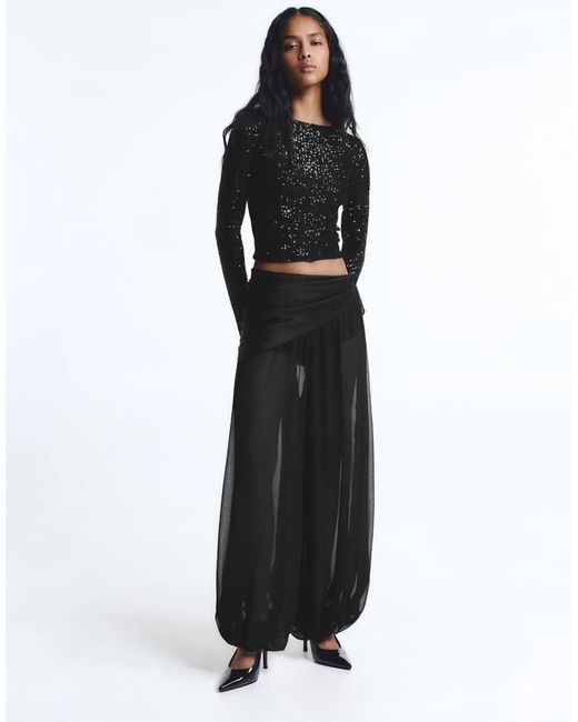Pull&Bear Black Long Sleeve Sequin Top