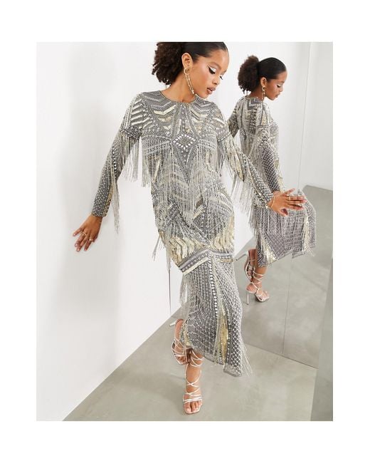 ASOS Gray Statement Embellished Bodycon Midi Dress With Beaded Fringe