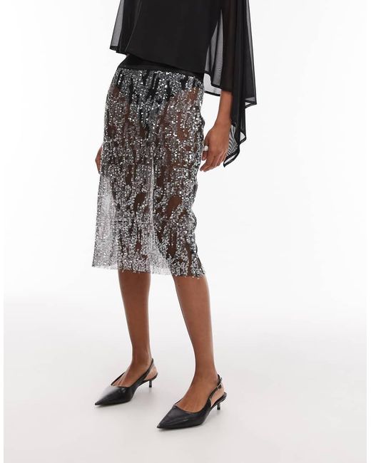ASOS Sheer Sequin Mesh Knee Length Midi Skirt in Black | Lyst UK