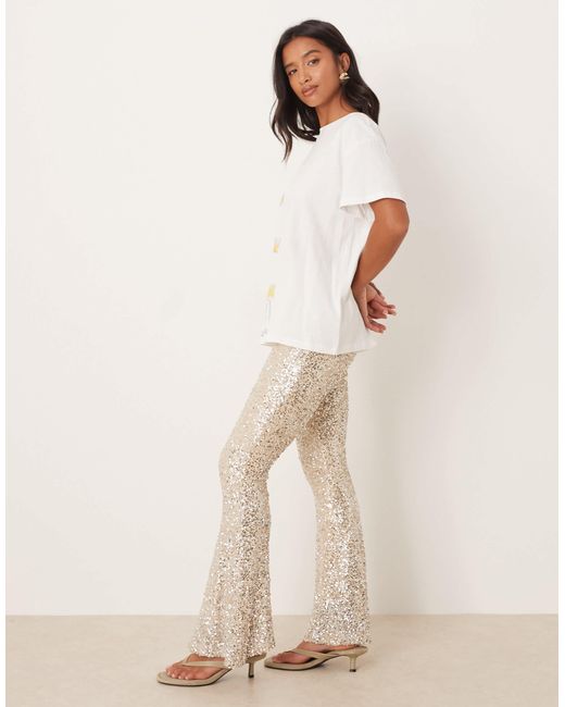 Never Fully Dressed Natural Petite Sequin Flared Trouser Co-ord