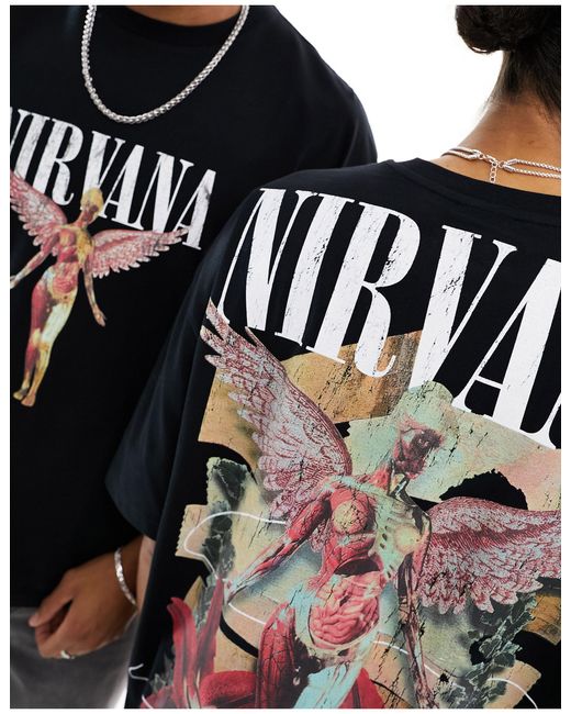 T-shirt unisexe oversize avec motifs nirvana et anges sous licence ASOS en coloris Black
