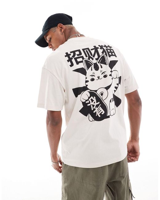 Camiseta beis extragrande con estampado Jack & Jones de hombre de color White