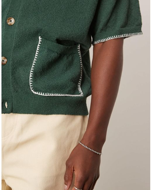 ASOS Green Relaxed Boxy Fit Knitted Button Through Polo With Blanket Stitch for men