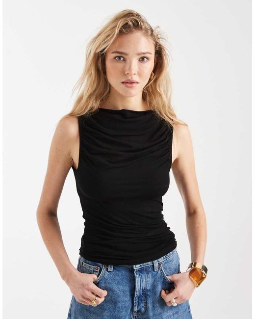 Miss Selfridge Black Ruched Front Slash Neck Top