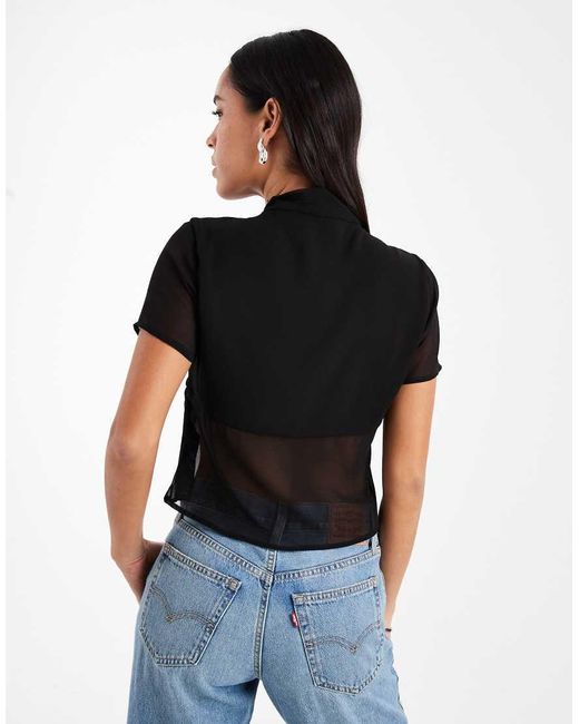 ASOS Black Button Front Tie Neck Sheer Top