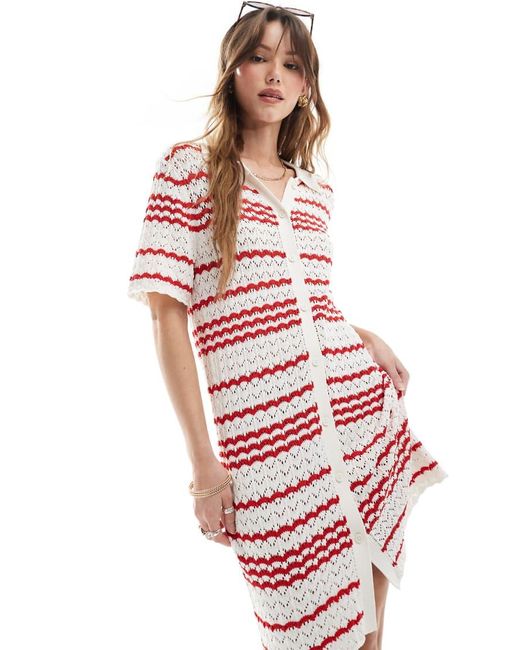 Miss Selfridge Red Crochet Contrast Polo Button Through Knit Dress