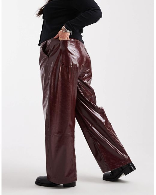 ASOS Red Asos Design Curve Faux Leather Barrel Leg Trousers With Tab Detail