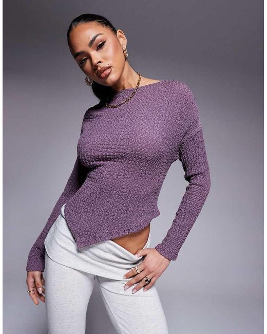 ASOS Top Met Textuur, Lange Mouwen, Asymmetrische Zoom En Afgezakte Schouder in het Purple