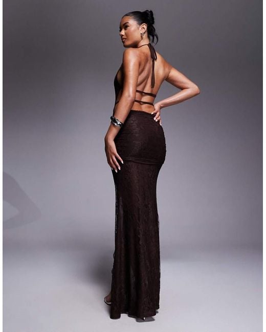 Murci Blue Exclusive Lace Halterneck Deep Plunge Front Split Maxi Dress