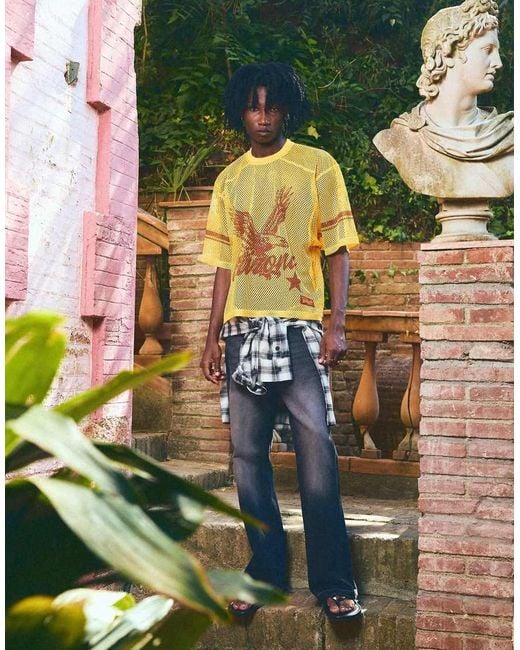 Bershka Yellow Boxy Fit Mesh Arizona T-Shirt for men