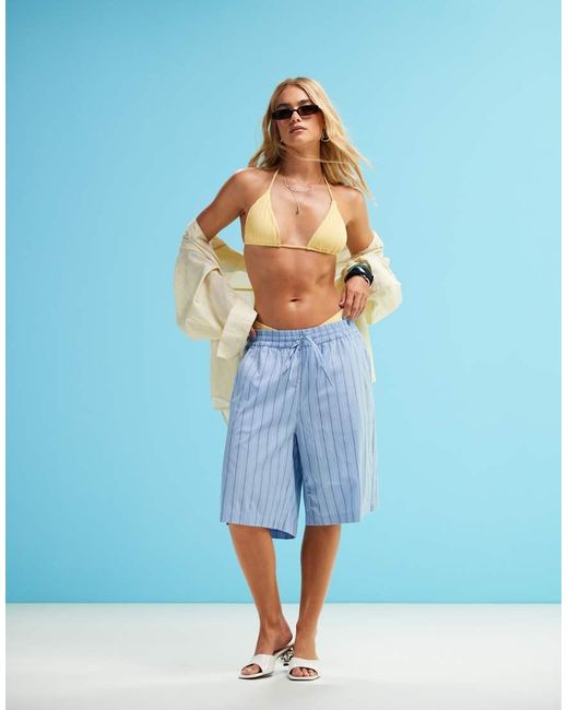 Monki Blue Cotton Poplin Longline Shorts