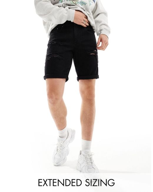 ASOS Black Standard Length Slim Denim Shorts With Rips for men